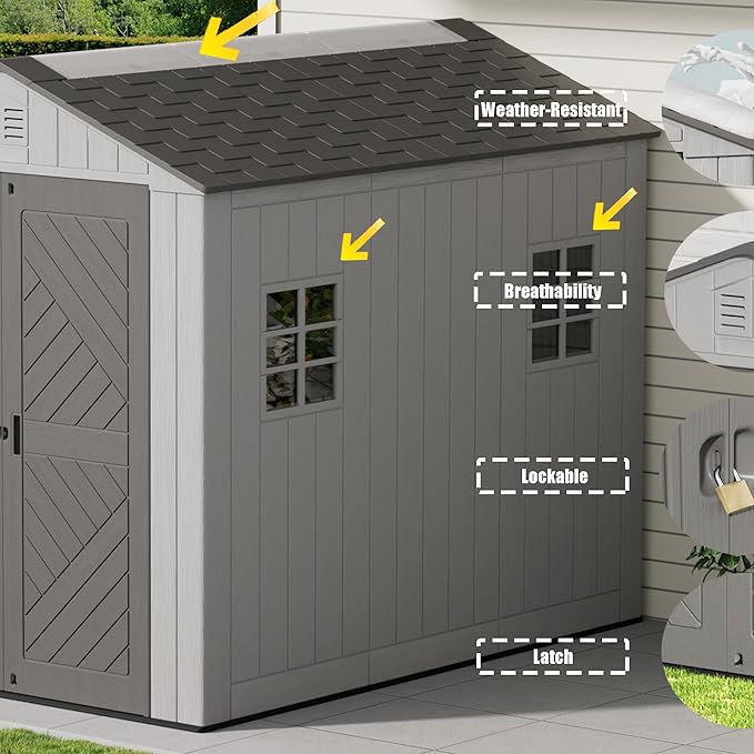 6x8.6 FT Storage Shed with Floor,HDPE Resin Outdoor Storage Shed Weather Resistant,Lockable Garden Sheds with Windows for Home/Garden Tools/Backyard/Lawn Mower/Bike Storage(Gray)