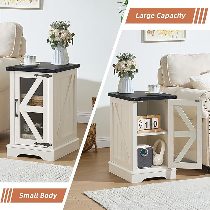 Narrow Night Stand for Small Spaces, Farmhouse Side End Table with Glass Barn Door Storage, Wood Bedside Tables, White Nightstand Cabinet Organizer for Living Room Bedroom