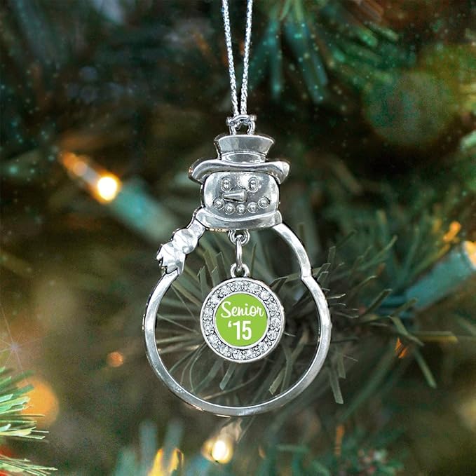Inspired Silver - Lime Green Senior '15 - Silver Christmas Ornament - Circle Charm Christmas Tree Ornament with Cubic Zirconia - Snowman Hanging Decoration