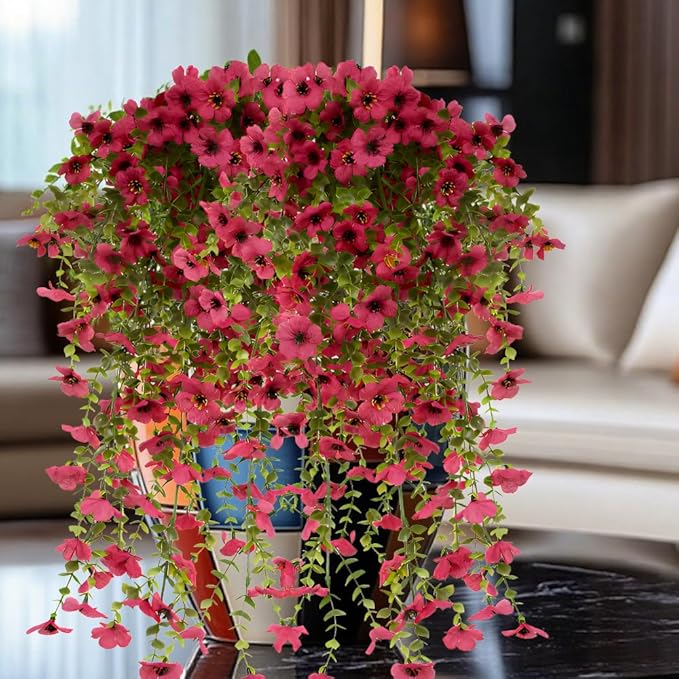 EROCK Artificial Flowers for Outdoors, 4PCS Fake Silk Hanging Flowers for Decoration UV & Fading Resistant, Realistic Faux Plants & Flowers for Porch Patio Balcony Window Box Home Decor (Rose Red)