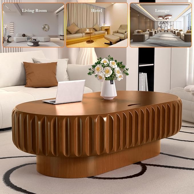 43.3" Oval Drum Coffee Table with Storage Retro Rustic Center Table - Solid Wood Handcrafted Relief Veneer for Farmhouse Apartment (D Oval 43.3in)