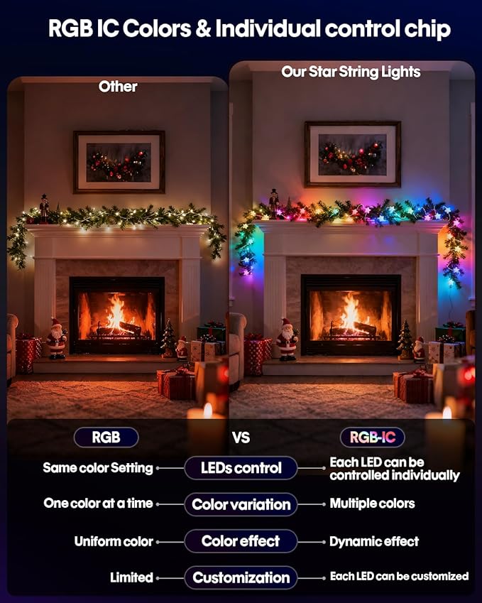 Smart Star String Lights 16.4Ft, Color Changing LED Fairy Lights with Remote & APP Control, Music Sync, Timer, RGB-IC Colored Twinkle Lights Hanging for Indoor Bedroom Party Christmas Decor