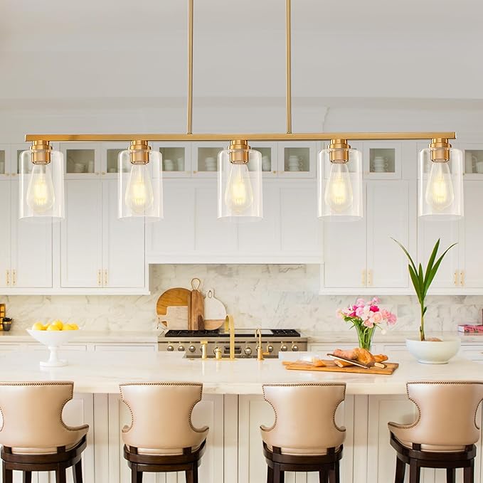 Island Light for Kitchen, Brushed Gold Dining Room Light Fixture Over Table, 5-Light Linear Chandelier Pendant Lighting for Dining Table Kitchen Island Living Room