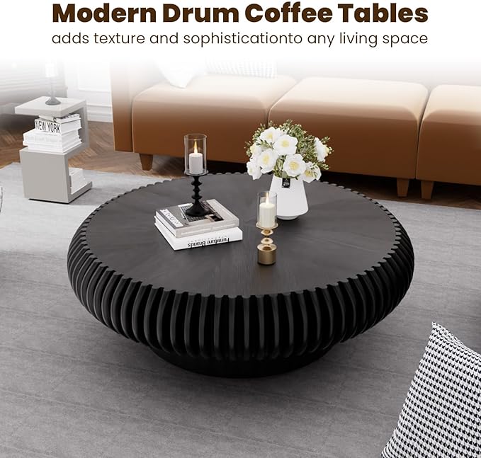 39.3" Drum Coffee Table Modern Unique Fluted Tea Table Contemporary Wood Round Coffee Table with Fluted Centry Table for Living Room Walnut (39.3" Black)