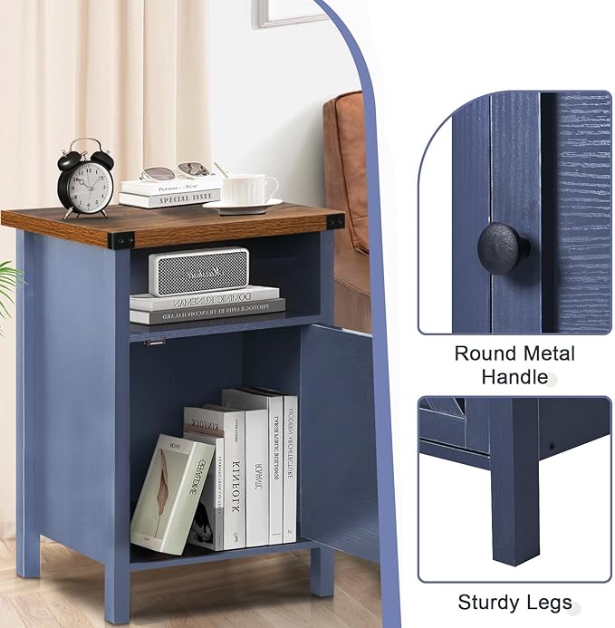Catrimown Farmhouse Nightstand with Barn Door and Shelf, Side Table, Rustic End Table for Bedroom, Living Room, Navy Blue