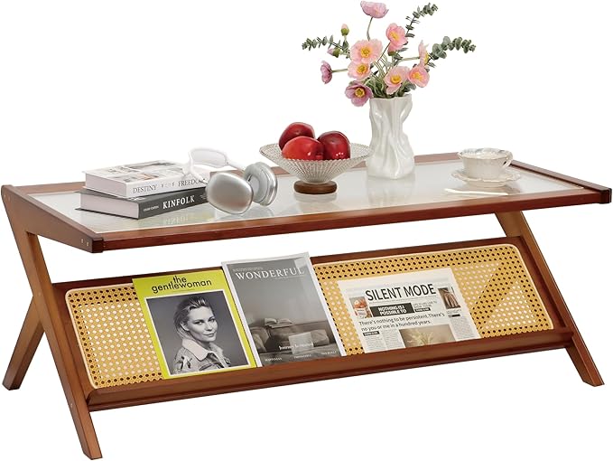 Bamboo Coffee Table, Accent Rattan Coffee Table with Glass Top, Mid-Century Wooden Center Tables, Modern Sofa Side Tea Tables with Storage for Living Room, Walnut