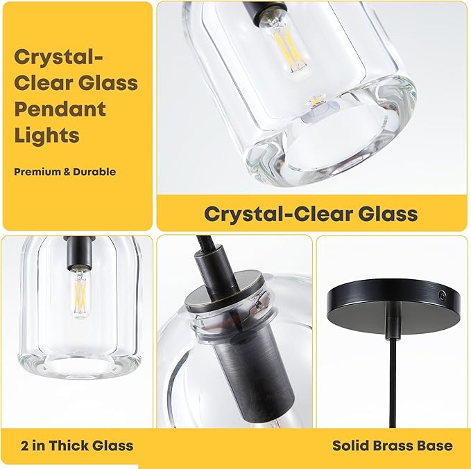 Pendant Light for Kitchen Island, Black Modern Crystal Glass Modern Pendant Lights, Dome Pendant Light in Kitchen Island, E12 Bulb Indoor Island Pendant Lights,for Dining Room,Living Room