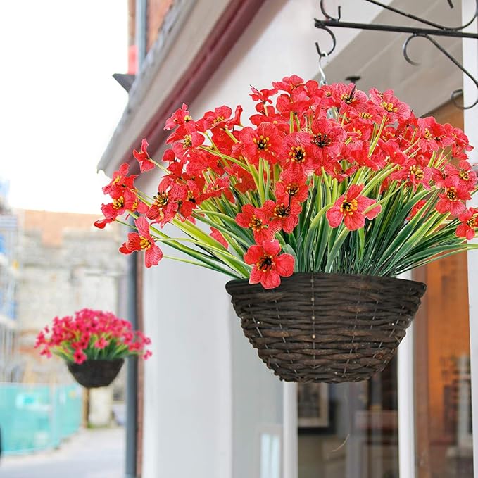 30 Bundles Artificial Flowers Outdoor UV Resistant Fake Flowers No Fade Faux Plastic Plants Garden Porch Window Box Decorating(Deep Red)