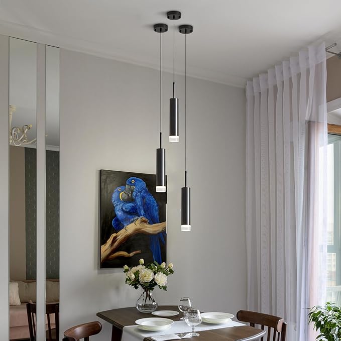 KCO Lighting Mid Century Modern Black Metal LED Pendant Light Nordic Minimalist Cylinder Hanging Kitchen Island Lighting Adjustable Mini Farmhouse Long Tube Dining Pendant Lighting