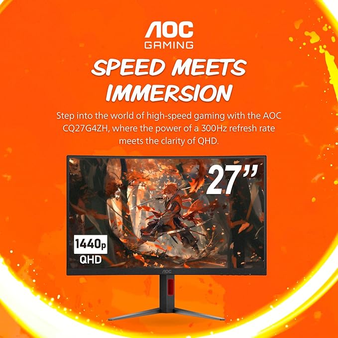 AOC CQ27G4ZH 27" Curved Gaming Monitor, QHD 2K 2560x1440, 1500R VA, 300Hz 0.3ms MPRT, HDMI x2, DP x1, Height Adjustable Stand, HDR, 3-Year Zero-Bright-dot