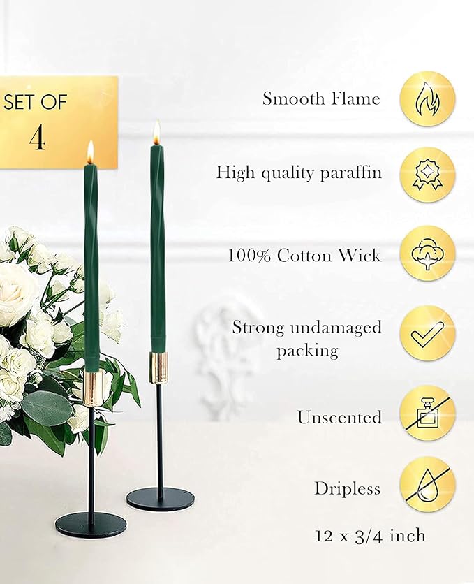 Tall Taper Candles Spiral Taper Candles Candlestick Unscented Christmas Party Gift Winter Holiday Dinner Table Decorations,12 inch,Set of 4,G,Drak Green