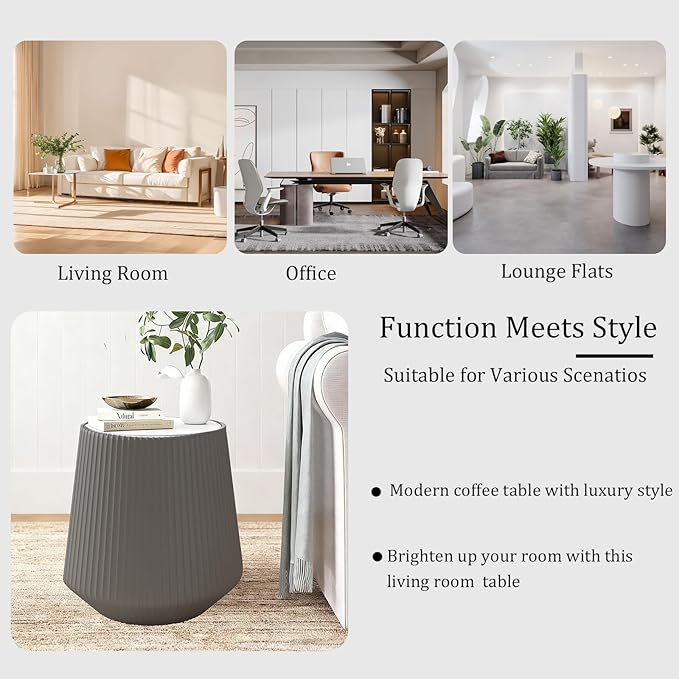 Round Living Room Table Set, 26.77" Grey Drum Center Table and 19.68" Grey Coffee Table Set, 2 Pieces Coffee Table Set with Sintered Stone Tabletop, Fluted PU Leather Covered and StableBase