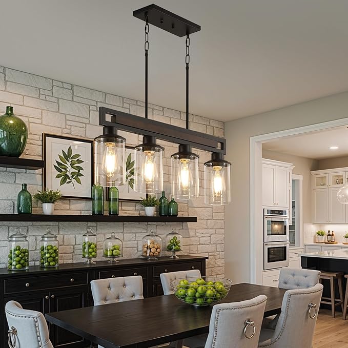 Farmhouse Dining Room Light Fixture, 4-Light Wood Kitchen Island Lighting for Dining Room Over Table, Black Adjustable Pendant Light with Clear Glass Shades, Linear Chandeliers Lighting for Kitchen