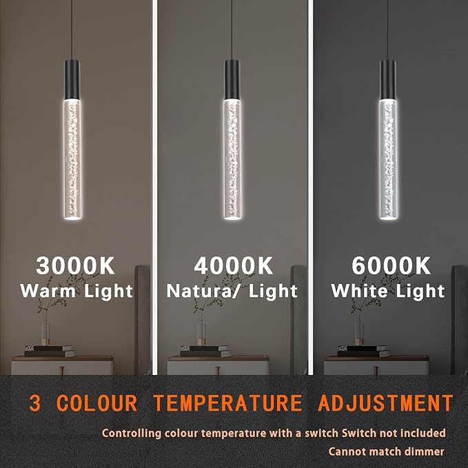 Modern Black Pendant Light Fixture 3-Color for Kitchen Island, 1-Light LED Acrylic Pendant Lighting Cord Adjustable Ceiling Hanging Lights for Living Room Bedroom Dining Room