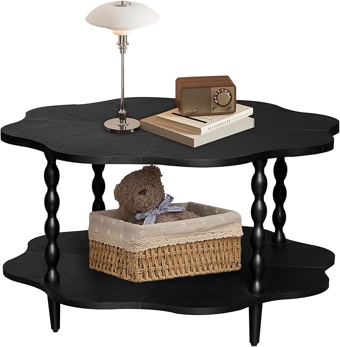 31.5" Coffee Table, 2-Tier Center Table with Storage Shelf for Living Room, Small Space Home Office, Flower Shape, Easy to Assemble