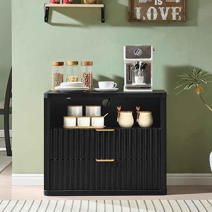 LEYAOYAO 31" Wide Fluted Nightstand with Charging Station, Oversized Extra Large 2 Drawers Night Stand,Black Wood Bedside Table,Tall Bed Side End Tables,Modern Chest of Drawers Dressers for Bedroom