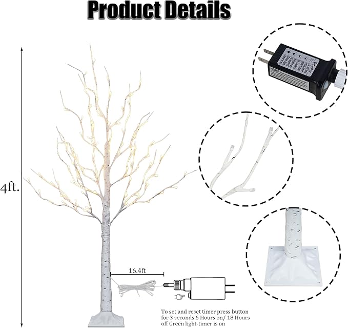 Dazzle Bright 2 Pack Lighted Birch Tree, 4 FT Total 96 LED Pre-lit Artificial Christmas Tree with Timer, Christmas Decorations Indoor Outdoor for Home Garden Party Thanksgiving Decor, Warm White