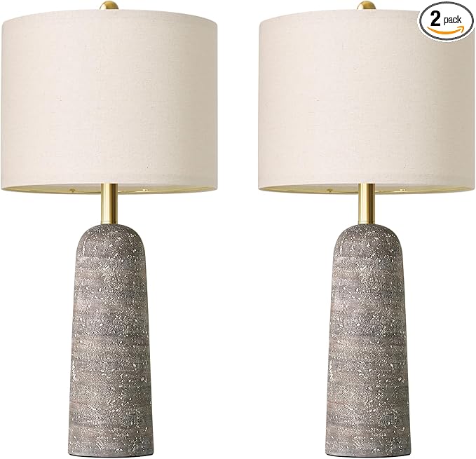 BOBOMOMO 27.25" Modern Table Lamp Set of 2, Light Grey Resin Table Lamps with Stone Look, Lamps for Living Room with Linen Shades, Bedroom Nightstand Lamps, Table Lamps for Living Room End Tables