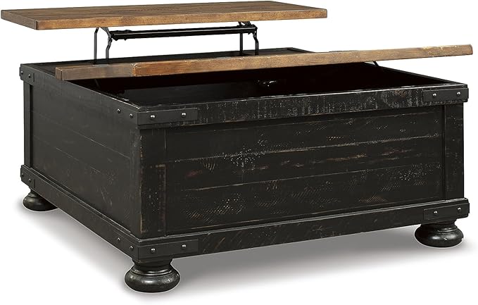 Signature Design by Ashley Valebeck Lift Top Coffee Table, Storage, Split-top Design, Wood, 36" W x 36" D x 18" H, 2-tone Distressed Brown & Black Finish