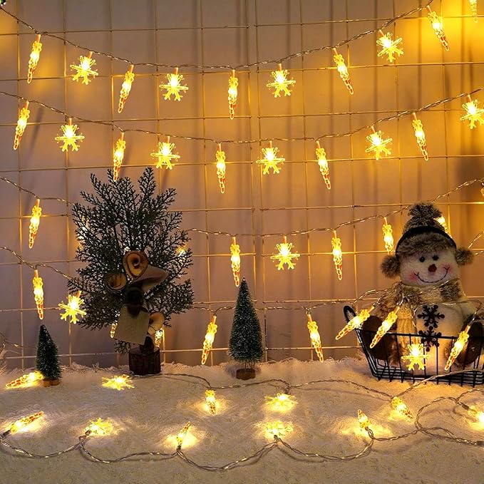 Christmas Icicle Light，19.6ft 40 LED Warm White Icicle Snowflake String Lights Indoor, Hanging Icicle Christmas Lights for Eave Holiday Garden Indoor Outdoor Xmas Decorations
