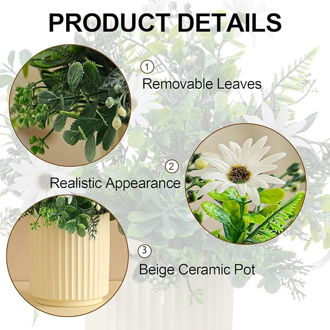 Artificial Flower and Fake Plants in Ceramic Pot,Artificial Plants Indoor, Fake Flowers in Vase for Table Centerpiece Decorations, Faux Plants Flowers Arrangement for Home Office Decoration