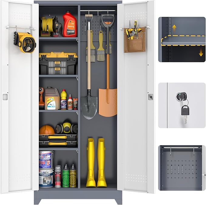 GREATMEET 72.8" Broom Storage Cabinet, Utility Cabinets for Brooms and Mops, Metal Storage Cabinets for Cleaning Supplies, Utility Closet for Garage, Grey&White