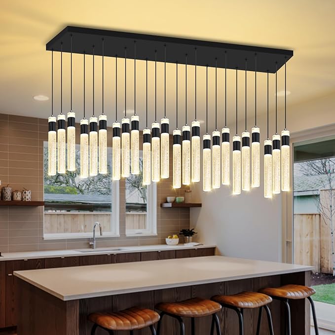 Glam Rectangular Crystal Column Chandelier for High Ceiling 24-Lights Black LED Dimmable Pendant Light for Kitchen Island Dining Room Entrance Foyer Living Room Adjustable Height