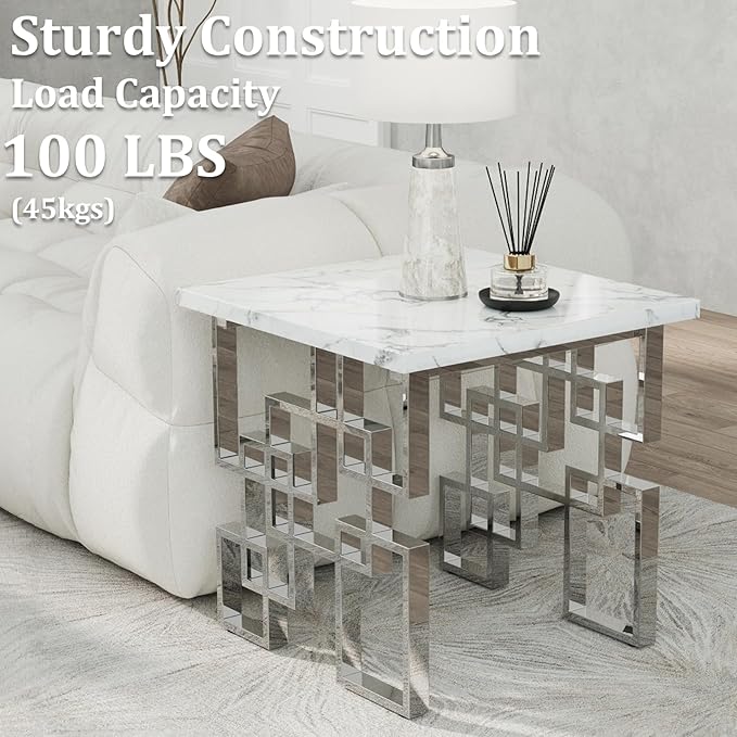 AUZ Silver End Table, Modern Square Living Room Side Table with White Faux Marble Top and Mirrored Silver Metal Geometric Base