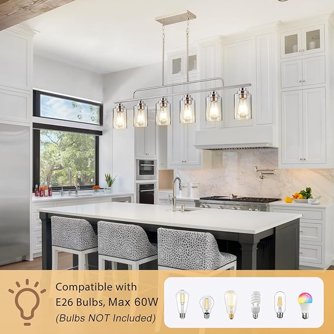 Dining Room Light Fixture - Brushed Nickel 6-Light Farmhouse Chandelier Kitchen Island Lights Fixtures Modern Linear Silvery Chandeliers Hanging Pendant Lighting Over Table