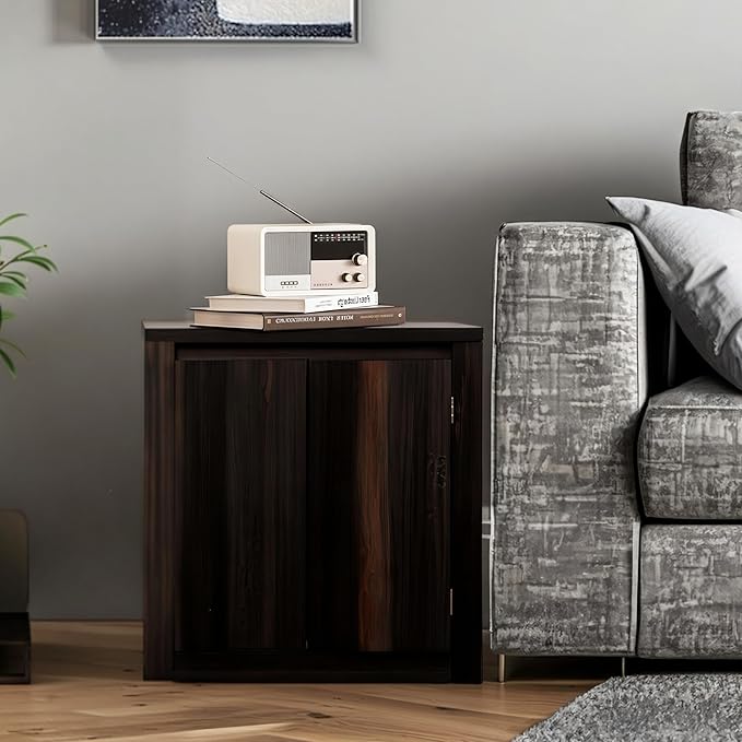MINCETA End Table Set of 2, Modern Bedside Table with Charging Station and USB Ports, Rustic Wood Square Nightstand with Door for Living Room, Bedroom, Espresso