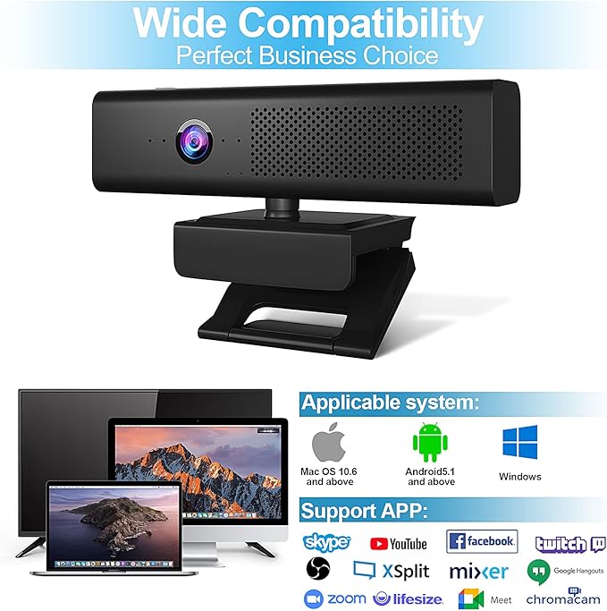 ROTOPATA Webcam with Speakers and Mic, Full HD 1080P/30FPS Computer Camera for Streaming Video Conference , 4 Noise-Cancelling Mics, Privacy Cover, 90°FOV, USB-A, Webcam for PC Desktop Monitor Laptop