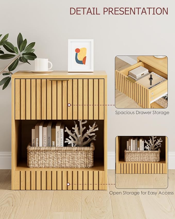 Tall Nightstand Extra Large Nightstand, Modern Night Stand, Bedside Table with Drawer and Open Shelf, Cube Design, Side Table for Bedroom, Living Room, Oak