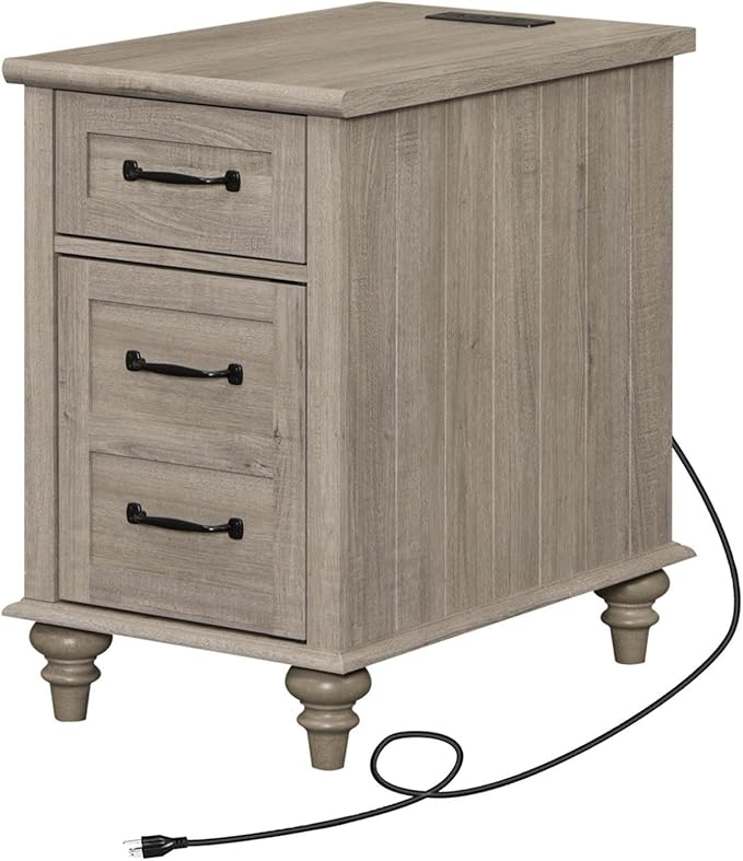 WAMPAT Gray End Table with Charging Station, Wooden Side Table with 1 Drawer &1 Storage Cabinet, Mid Century Modern Nightstand with Power Outlets & USB Ports for Living Room, Bedroom