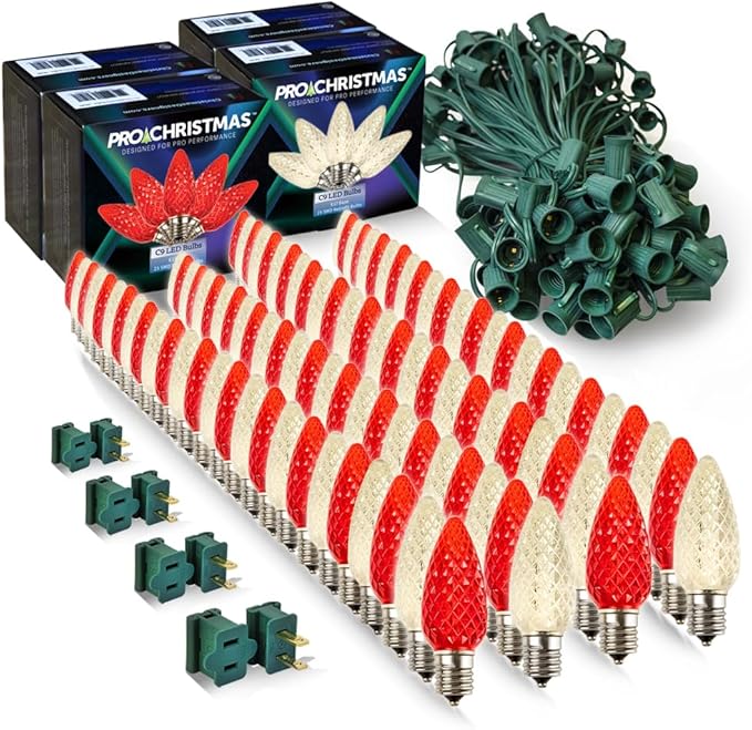 Pro Christmas C9 LED Christmas Light Kit for Rooflines & Pathways – DIY Cut to Length, Outdoor Commercial Grade (Green Wire w/Vampire Plugs, 100 Bulbs, 100 ft) Warm White and Red