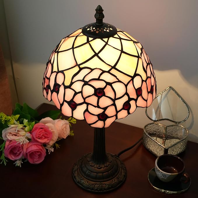 Tiffany Lamp Stained Glass Table Lamp 8X8X14 Inches Desk Reading Light Decor Beside Bedroom Living Room Home (H-1055- Cherry Blossom)