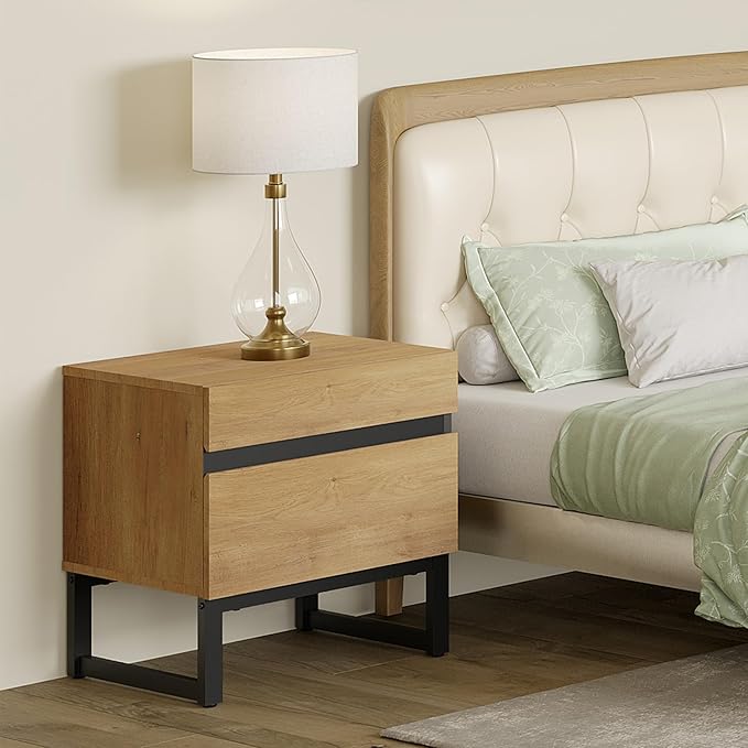 WAMPAT 2 Piece Modern End Table with 2 Drawers, Farmhouse Sofa Table, Wooden Rustic Side Sofa Table Metal Leg for Living Room, Nighstand for Bedroom, Oak