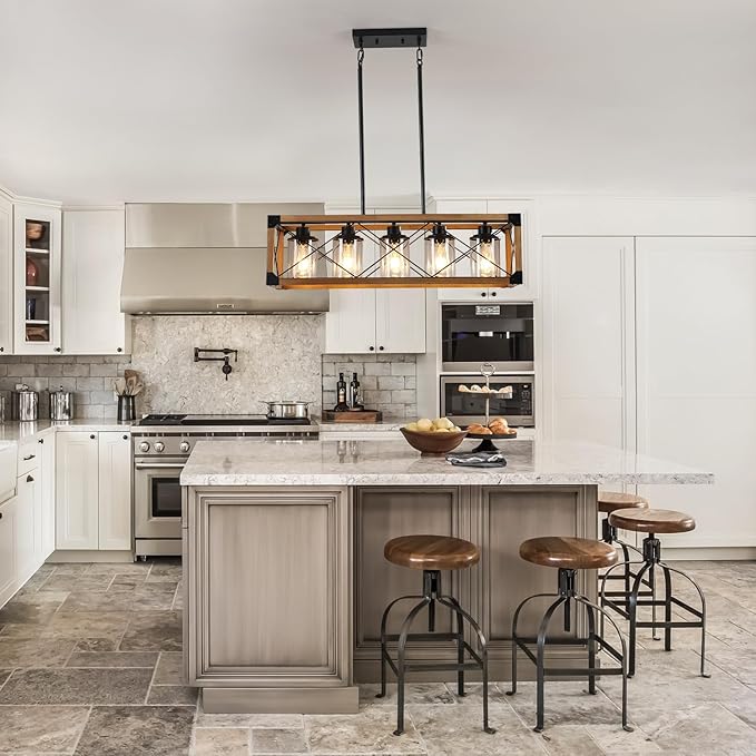 Rustic Hanging Lights Fixture Farmhouse Chandeliers for Dining Room Kitchen Island Light Fixtures 5-Light Wood Chandelier Over Dining Table with Clear Glass Shade-Oak