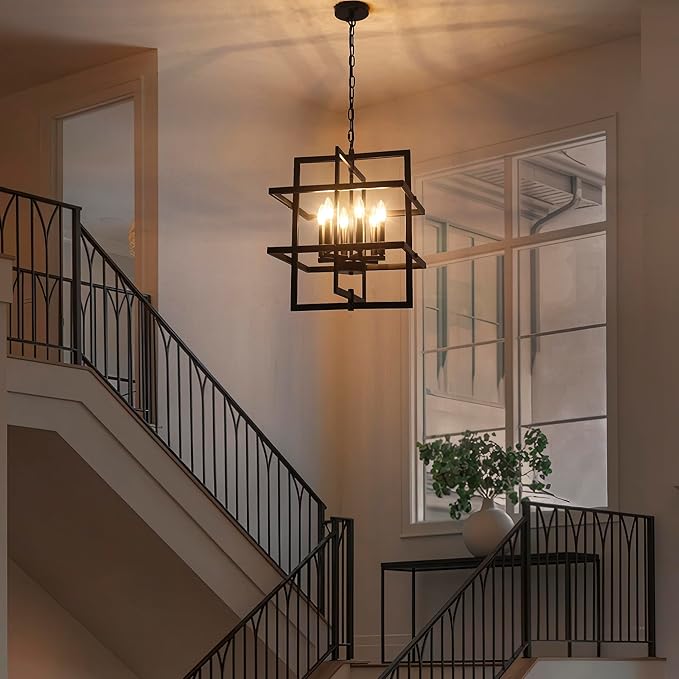 22.04" Modern Black Chandelier Geometric Pendant Light Fixture Hanging Industrial Farmhouse Chandeliers for Dining Room Kitchen Island Living Room Entryway Foyer Hallway 6 Light