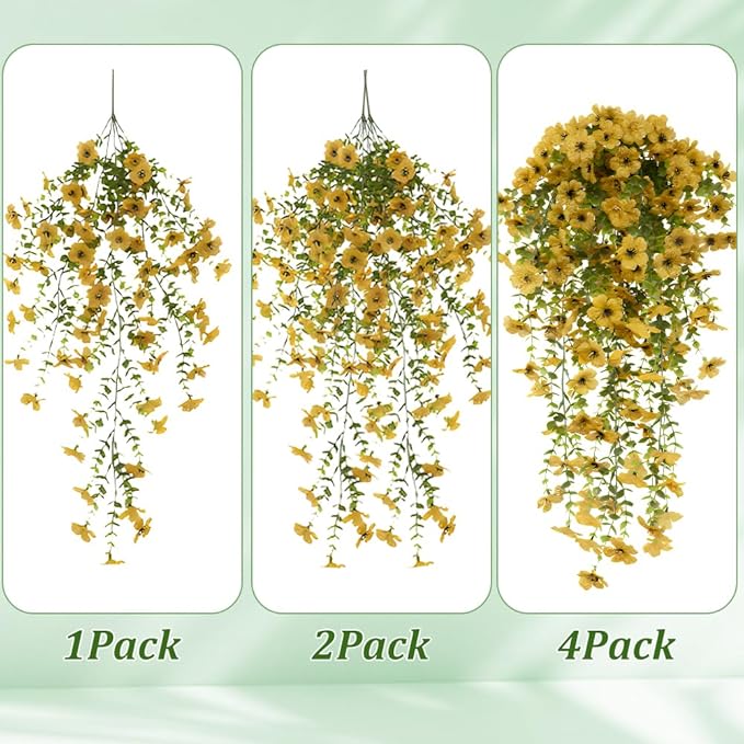 EROCK Artificial Flowers for Outdoors, 4PCS Fake Silk Hanging Flowers for Decoration UV & Fading Resistant, Realistic Faux Plants & Flowers for Porch Patio Balcony Window Box Home Decor (Yellow)