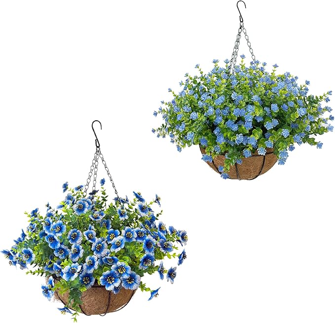 Artificial Hanging Plants Flowers with Basket 2 Packs, Artificial Hanging Flowers for Outdoors, Faux Hanging Plants Outdoor, Blue Fake Flowers