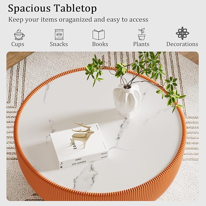 Round Living Room Table Set, 29.53" Orange Drum Center Table and 19.69" Orange Coffee Table Set, 2 Pieces Coffee Table Set with Sintered Stone Tabletop,Fluted PU Leather Covered and Metal Base