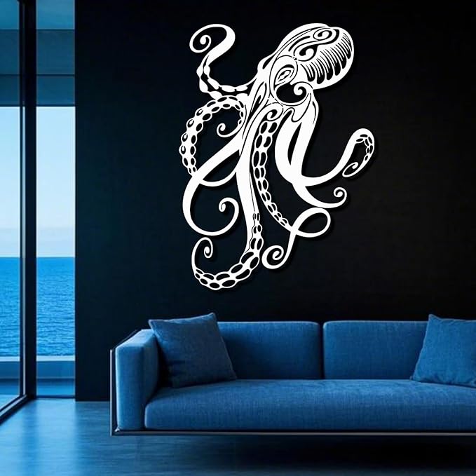 Octopus Metal Wall Art, Octopus Wall Decor, Sealife Wall Decoration, Ocean Wall Hanging, Marine Biology Decor, Metal Wall Art for Living Room, Bathroom (Black, 31"x23" | 80x59cm, metal wall art)