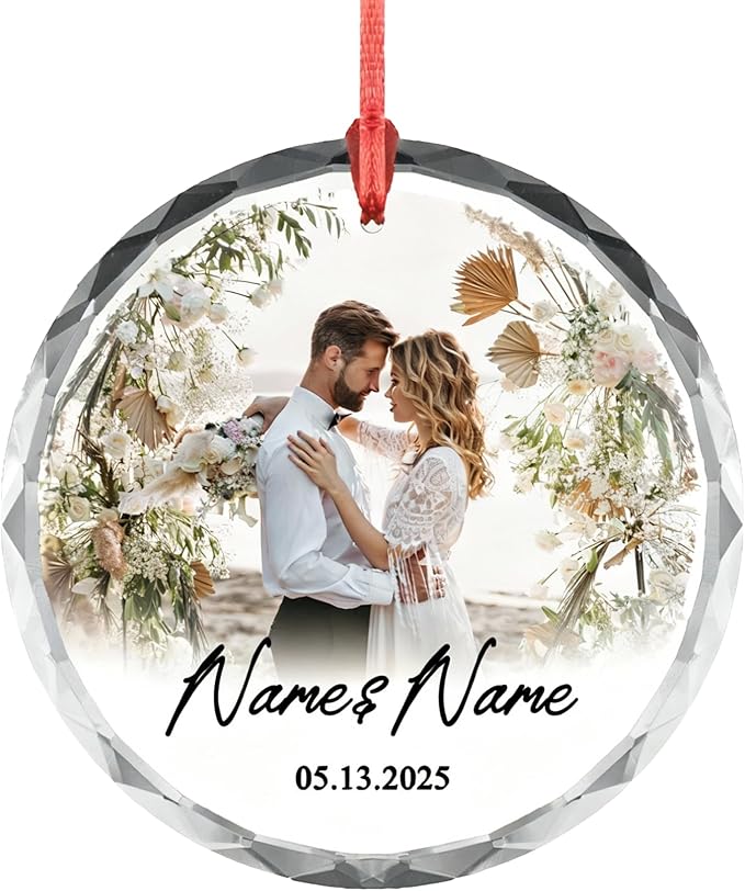 Custom Couple Photo Ornament – Personalized Names & Date Keepsake – Acrylic or Glass Wedding Ornament – Engagement