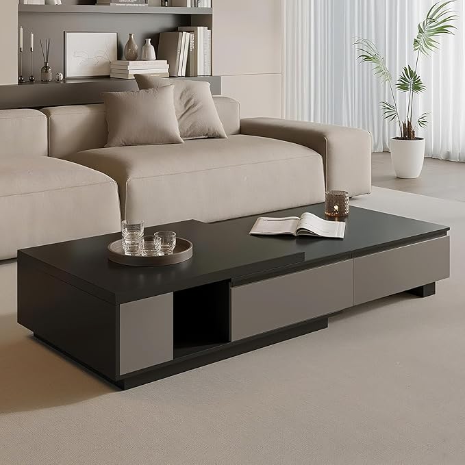 66.14 Inch Coffee Table, Modern Retractable Storage Coffee Table, Rectangular Living Room Table with 4 Drawers Storage for Living Room, Home Office, Black Grey