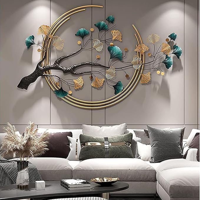 Futyli Large Metal Art Wall Decor - 3D Ginkgo Leaf Wall Art, 36.6" Vertical, Unique Gold for Bedroom & Dining Room Decoration