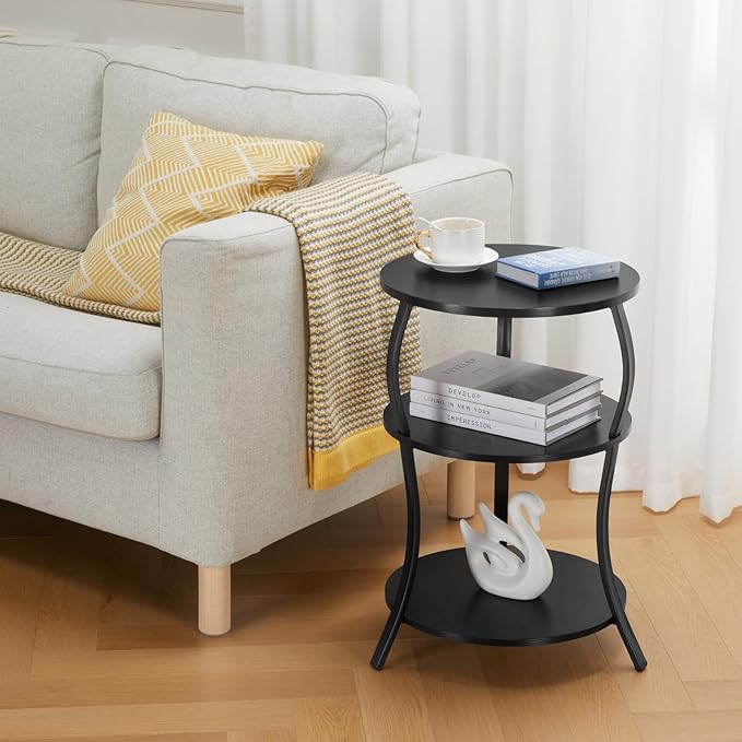 Round Side Table, 3-Tier Waist End Table with Storage Shelf, Side Tables Living Room,15.75x24’’Round Table, Sofa Side Table, Snack Table TV Tray Table, Vintage Nightstand for Bedroom,Black