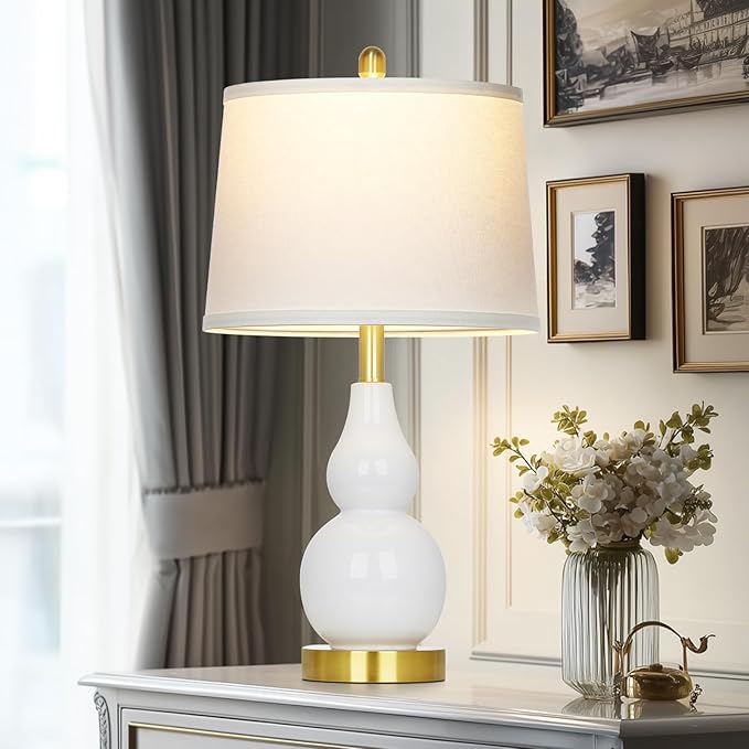 Ceramic Table Lamp for Living Room, 25" Modern Double Gourd Ceramic Lamp for Bedroom White Farmhouse Rustic Classic Bedside Lamp with Round Fabric Shade for Night stand Desk End Tables(Bulb Included)