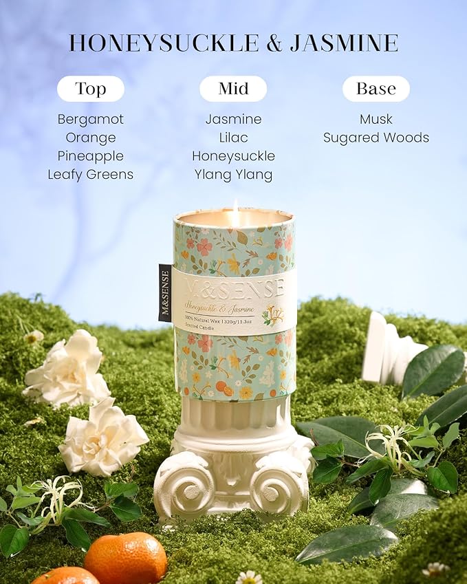 M&SENSE Honeysuckle Jasmine Scented Candle, Medium Jar Candle 11.3oz Natural Soy Wax for Home Scented, Floral Candles Gift for Spring Holiday, Up to 70 Hours Burning Long-Lasting Fragrance
