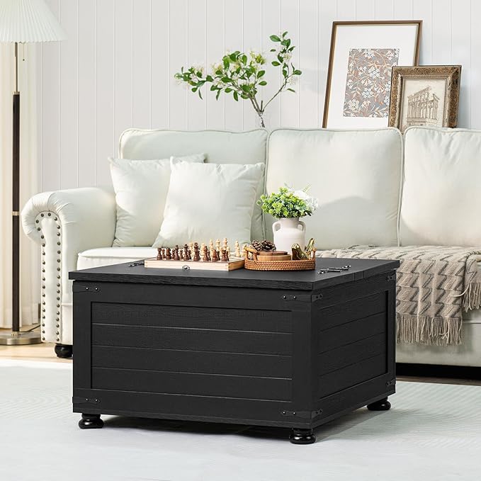 Farmhouse Coffee Table with Hidden Storage,Wood Square Center Table for Living Room, Large Rustic Cocktail Tables with Flip-Top Lids, Farm House Tables with Wooden Gourd Feet,Natural Black
