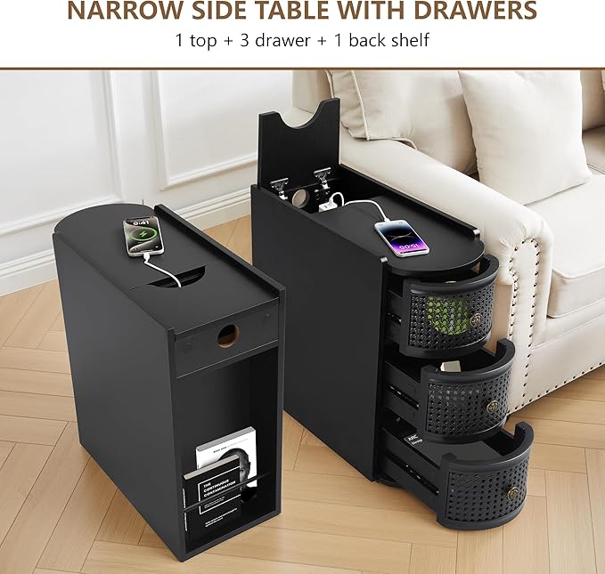 Metal Rattan Narrow End Table with Charging Station Set of 2, Black Side Table with Drawers Storage, Small Night Stand with Power Outlets and USB Ports, Sofa Side Table for Living Room - Black